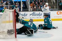 San Jose Sharks goaltender Martin Jones (31) makes a save against Toronto Maple Leafs centre Auston Matthews (34) during the second period at SAP Center in San Jose, Calif. on March 3, 2020.