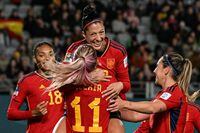 Spain's midfielder #10 Jennifer Hermoso (C) celebrates with teammates after scoring her team's second goal during the Australia and New Zealand 2023 Women's World Cup Group C football match between Spain and Zambia at Eden Park in Auckland on July 26, 2023. (Photo by Saeed KHAN / AFP) (Photo by SAEED KHAN/AFP via Getty Images)
