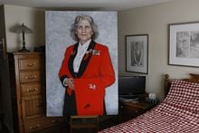 Painting of Wendy Jocko, a veteran from Pikwakanagan First Nation, by Elaine Goble in Ottawa. April 6, 2023. Photograph by Blair Gable