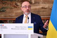 FILE PHOTO: Ukrainian Defence Minister Oleksii Reznikov gestures as he addresses a press conference with French Defence Minister Sebastien Lecornu, as part of Reznikov's official visit, at the Hotel de Brienne, the French Ministry of Armed Forces, in Paris on January 31, 2023. JULIE SEBADELHA/Pool via REUTERS