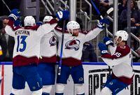 May 27, 2022; St. Louis, Missouri, USA; Colorado Avalanche left wing J.T. Compher (37) celebrates with defenseman Bowen Byram (4) right wing Valeri Nichushkin (13) and left wing Andre Burakovsky (95) after scoring the game tying goal against the St. Louis Blues during the third period in game six of the second round of the 2022 Stanley Cup Playoffs at Enterprise Center. Mandatory Credit: Jeff Curry-USA TODAY Sports