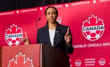 Charmaine Crooks addresses the Canadian Soccer Association 2014 annual general meeting in Vancouver in a handout photo. Newly-elected president Crooks is the latest Canada Soccer official to appear before the Standing Committee on Canadian Heritage with the governing body's ongoing labour dispute and past practices up for scrutiny by MPs. THE CANADIAN PRESS/HO-Canada Soccer-Bob Frid **MANDATORY CREDIT**