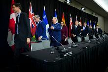 Provincial premiers leave following a press conference discussing health care, in Ottawa on Tuesday, Feb. 7, 2023. THE CANADIAN PRESS/Sean Kilpatrick