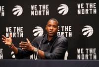 TORONTO, ON - OCTOBER 2: President of the Toronto Raptors Masai Ujiri speaks during media day on October 2, 2023 in Toronto, Ontario, Canada. NOTE TO USER: User expressly acknowledges and agrees that, by downloading and or using this photograph, User is consenting to the terms and conditions of the Getty Images License Agreement. (Photo by Mark Blinch/Getty Images)