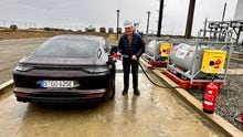 Mark Richardson fills up a Porsche Panamera with electricity-based fuel created at the HIF Global Haru Oni demonstration e-fuels plant in Chile.