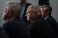 Ontario Premier Doug Ford, centre, attends a press conference with New Brunswick Premier Blaine Higgs, left, and Nova Scotia Premier Tim Houston following a meeting with the Maritime premiers in Moncton, N.B., on Monday, Aug. 22, 2022. THE CANADIAN PRESS/Darren Calabrese