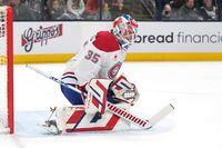 COLUMBUS, OHIO - NOVEMBER 29: Sam Montembeault #35 of the Montreal Canadiens deflects the puck during the second period against the Columbus Blue Jackets at Nationwide Arena on November 29, 2023 in Columbus, Ohio. (Photo by Jason Mowry/Getty Images)
