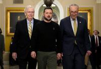 WASHINGTON, DC - DECEMBER 12: Ukrainian President Volodymyr Zelensky (C) walks with Senate Minority Leader Mitch McConnell (R-KY) (L) and Senate Majority Leader Charles Schumer (D-NY) as he arrives at the U.S. Capitol to meet with Congressional leadership on December 12, 2023 in Washington, DC. President Zelensky is meeting with President Biden and Congressional leaders to make an in-person case for continuing military aid as the country runs out of money for Ukraine's war against Russia. The meetings come days after the Senate failed to advance President Biden's national security package that included aid to Ukraine. (Photo by Drew Angerer/Getty Images)