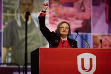 Unifor National President Lana Payne addresses a crowd of Unifor members from across Ontario at the Sheraton Centre Hotel in Toronto, Friday, December 2, 2022. (Galit Rodan/The Globe and Mail)