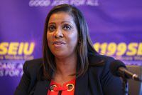 NEW YORK, NEW YORK - MARCH 21:  New York Attorney General Letitia James speaks at a news conference at union 1199 SEIU headquarters on March 21, 2022 in New York City. James and union President George Gresham are calling on nursing homes to require appropriate staff-to-resident ratios and to improve employee wages and facility operations in the wake of the ongoing Covid-19 pandemic.  (Photo by Michael M. Santiago/Getty Images)