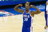 Jun 8, 2021; Philadelphia, Pennsylvania, USA; Philadelphia 76ers center Dwight Howard (39) reacts after scoring against the Atlanta Hawks during the fourth quarter in game two of the second round of the 2021 NBA Playoffs at Wells Fargo Center. Mandatory Credit: Bill Streicher-USA TODAY Sports