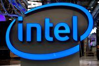FILE PHOTO: Intel's logo is pictured during preparations at the CeBit computer fair, which will open its doors to the public on March 20, at the fairground in Hanover, Germany, March 19, 2017.  REUTERS/Fabian Bimmer/File Photo