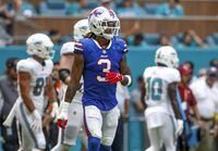 Buffalo Bills safety Damar Hamlin (3) looks on during the first quarter of an NFL football game against the Miami Dolphins at Hard Rock Stadium on Sunday, Sept. 25, 2022 in Miami Gardens, Fla. (David Santiago/Miami Herald via AP)