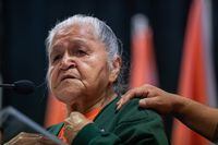 Kamloops Indian Residential School survivor Evelyn Camille, 82, pauses while speaking about her experience at the school after the Tk’emlúps te Secwépemc First Nation released a report outlining the findings of a search of the former residential school property using ground-penetrating radar, in Kamloops, B.C., on Thursday, July 15, 2021. The remains of 215 children have been found buried near the former school. THE CANADIAN PRESS/Darryl Dyck