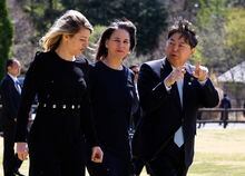 Canadian Foreign Minister Melanie Joly, left, German Foreign Minister Annalena Baerbock, center, and Japan's Foreign Minister Yoshimasa Hayashi walk to a group photo for G7 Foreign Ministers' meeting in Karuizawa, Japan, April 17, 2023. (Kim Kyung-Hoon/Pool Photo via AP)