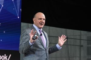 NEW YORK, NY - NOVEMBER 01: Steve Ballmer, investor, philanthropist and former chief executive officer of Microsoft speaks at the New York Times DealBook conference on November 1, 2018 in New York City. (Photo by Stephanie Keith/Getty Images)