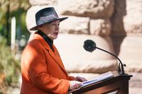 Elizabeth Dowdeswell, Lieutenant Governor of Ontario, speaks during a ceremony for the unveiling of the Platinum Jubilee Garden at Queen's Park, in Toronto, on Friday, Sept. 30, 2022. THE CANADIAN PRESS/Alex Lupul