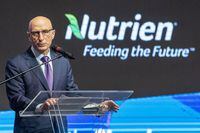 Nutrien President and CEO Mayo Schmidt speaks at a state of the province address in Saskatoon, Sask., Monday, October 25, 2021. THE CANADIAN PRESS/Liam Richards