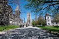 From left are University College, Soldiers Tower, and the University of Toronto Students' Union. The University of Toronto's St. George campus is deserted on May 20 2020, with most buildings closed and classes cancelled.
