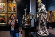 1.5.2023 Warsaw, Poland. Sofia Riabchuk points to the "Beautiful Madonna from Wroclaw" at the National Museum in Warsaw. Ms. Riabchuk runs the museum’s educational program and she has developed an innovated art therapy workshop for Ukrainian refugees. She is a refugee herself and ran the education department at Kyiv’s Mystetskyi Arsenal museum before the war.