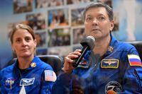 US NASA astronaut Loral O'Hara (L) and Russian Roscomos cosmonaut  Oleg Kononenko, members of the International Space Station (ISS) Expedition 70-71 main crew, attend a press conference in the Russian leased Baikonur cosmodrome in Kazakhstan on September 14, 2023. The trio is scheduled to launch aboard their Soyuz MS-24 spacecraft on September 15. (Photo by VYACHESLAV OSELEDKO / AFP) (Photo by VYACHESLAV OSELEDKO/AFP via Getty Images)