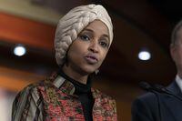 FILE - Rep. Ilhan Omar, D-Minn., speaks during a news conference on Capitol Hill in Washington, Jan. 25, 2023, in Washington. House Republicans are preparing to oust Omar from the House Foreign Affairs Committee. (AP Photo/Manuel Balce Ceneta, File)