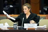 Finance Minister Chrystia Freeland appears as a witness at a Senate committee on national finance in Ottawa on Wednesday, Dec. 7, 2022. The federal government posted a budgetary deficit of $3.6 billion in the first eight months of the fiscal year. THE CANADIAN PRESS/Sean Kilpatrick
