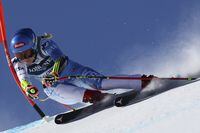 United States' Mikaela Shiffrin speeds down the course during the super G portion of an alpine ski, women's World Championship combined race, in Meribel, France, Monday, Feb. 6, 2023. (AP Photo/Marco Trovati)