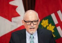 Dr. Kieran Moore, Ontario's Chief Medical Officer of Health, speaks at a press conference during the COVID-19 pandemic, at Queen’s Park in Toronto on Monday, April 11, 2022. Moore says even though COVID-19 and flu activity is declining, the province "must remain vigilant" as a more transmissible variant gains ground.THE CANADIAN PRESS/Nathan Denette