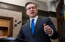 Conservative leader Pierre Poilievre speaks with media in the Foyer of the House of Commons, Wednesday, March 29, 2023 in Ottawa.  THE CANADIAN PRESS/Adrian Wyld