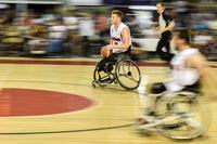 Canada team player Patrick Anderson performs during their IWBF Men's American Cup of Wheelchair Basketball final against US team on August 30, 2017, in Cali, Colombia.
The United States team won the tournament, Canada team was second and Argentina team was third. / AFP PHOTO / LUIS ROBAYO        (Photo credit should read LUIS ROBAYO/AFP via Getty Images)