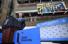 US President Joe Biden delivers a speech on business development at Ulster University in Belfast on April 12, 2023, as part of a four day trip to Northern Ireland and Ireland for the 25th anniversary commemorations of the "Good Friday Agreement". (Photo by Jim WATSON / AFP) (Photo by JIM WATSON/AFP via Getty Images)