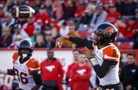 BC Lions quarterback Vernon Adams throws the ball during first half CFL football action against the Calgary Stampeders in Calgary, Saturday, Sept. 17, 2022.THE CANADIAN PRESS/Jeff McIntosh