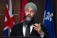 New Democratic Party leader Jagmeet Singh speaks during a news conference on Parliament Hill, Monday, Mar. 21, 2022 in Ottawa.  THE CANADIAN PRESS/Adrian Wyld