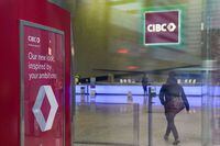 The new CIBC logo displayed the the lobby of its headquarters in Toronto on Monday, Oct. 25, 2021.&nbsp;CIBC raised its dividend as it reported a fourth-quarter profit of $1.4 billion, up from $1 billion a year ago. THE CANADIAN PRESS/Evan Buhler