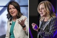 This compilation photo shows Premier Danielle Smith (left) as she speaks at an economic forum in Calgary, Alta., Tuesday, April 18, 2023 and NDP Opposition Leader Rachel Notley as she addresses the Calgary Chamber of Commerce on Thursday, Dec. 15, 2022. THE CANADIAN PRESS/Jeff McIntosh