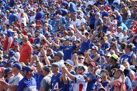 ORCHARD PARK, NY - AUGUST 28: Buffalo Bills fans celebrates a touchdown during the second half against the Green Bay Packers at Highmark Stadium on August 28, 2021 in Orchard Park, New York. (Photo by Timothy T Ludwig/Getty Images)