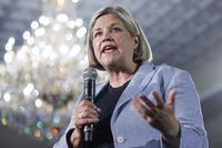 Former Ontario NDP leader Andrea Horwath, who served three terms on Hamilton, Ont.’s city council starting in 1997, is running for mayor of that city in Monday’s municipal election. Horwath speaks during a provincial election campaign rally in Brampton, Ont., on May 14, 2022. THE CANADIAN PRESS/Cole Burston