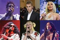 This combination of photos shows the top nominees for the upcoming Grammy Awards, top row from left, Jon Baptiste with 11 nominations, Justin Bieber, Doja Cat, and H.E.R, each with eight noms and Billie Eilish and Olivia Rodrigo with seven nominations each. (AP Photo)