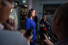 United Conservative Party Leader Danielle Smith speaks following the debate in Edmonton on Thursday, May 18, 2023. THE CANADIAN PRESS/Jason Franson