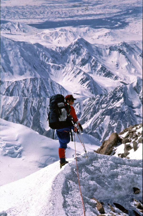 Sarah Doherty at 15,000ft, descending from Denali summit in Alaska, May 20th, 1985. Denali (also known as Mount McKinley, its former official name) is the highest mountain peak in North America, with a summit elevation of 20,310 feet (6,190 m) above sea level. Photo by Bill Sumner.
