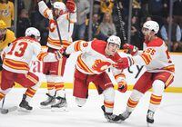 Apr 26, 2022; Nashville, Tennessee, USA; Calgary Flames left wing Matthew Tkachuk (19) celebrates after scoring with less than a second left in the third period against the Nashville Predators at Bridgestone Arena. Mandatory Credit: Christopher Hanewinckel-USA TODAY Sports