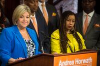 Ontario NDP Leader and the Leader of the Official Opposition Andrea Horwath speaks to the media at Queen's Park in Toronto on Friday, June 8, 2018.