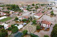 An aerial view taken on September 7, 2023 shows the flooded village of Farkadona near the city of Karditsa, central Greece. Greek rescue services were trying to reach dozens of villagers in central Greece on September 7, 2023, after deadly storms that saw more than a year's worth of rain fall there in 24 hours. Across Greece, Turkey and Bulgaria, the storms have killed at least 14 people. (Photo by Will VASSILOPOULOS / AFP) (Photo by WILL VASSILOPOULOS/AFP via Getty Images)
