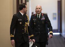 Canada’s Chief of the Defence Staff Wayne Eyre makes his way to attend a cabinet meeting on Parliament Hill, in Ottawa, Tuesday, Feb. 14, 2023. The Department of National Defence says chief of the defence staff Gen. Wayne Eyre has just wrapped up a visit to Ukraine's capital. THE CANADIAN PRESS/Adrian Wyld