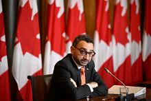 Minister of Transport Omar Alghabra speaks at a news conference on proposed changes to air passenger rights, in Ottawa, on Monday, April 24, 2023. THE CANADIAN PRESS/Justin Tang