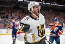 Vegas Golden Knights' Jonathan Marchessault (81) celebrates his goal against the Edmonton Oilers during first period NHL Stanley Cup second round playoff action in Edmonton on Monday May 8, 2023.THE CANADIAN PRESS/Jason Franson