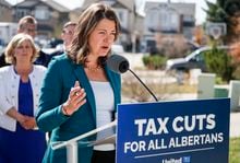 United Conservative Party leader Danielle Smith makes an election campaign announcement in Calgary, Alta., Monday, May 1, 2023.THE CANADIAN PRESS/Jeff McIntosh