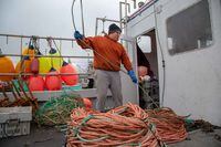 Jesse James Paul, deckhand on the Treaty Defender and member of the Sipekne'katik First Nation prepares rope in anticipation of Dumping Day in the Digby Harbour in Digby, Nova Scotia on Thursday November 23, 2023. Meagan Hancock/The Globe and Mail. Thousands of fishers in southwestern Nova Scotia are preparing for Dumping Day, scheduled for Monday, November 27, the first day of the lobster season in the most lucrative fishing area of the region, when fishing captains dump their traps in the ocean.