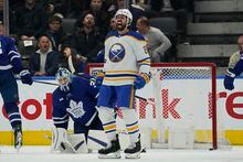 Mar 13, 2023; Toronto, Ontario, CAN; Buffalo Sabres forward Alex Tuch (89) reacts after scoring the game winning goal against the Toronto Maple Leafs during the third period at Scotiabank Arena. Mandatory Credit: John E. Sokolowski-USA TODAY Sports